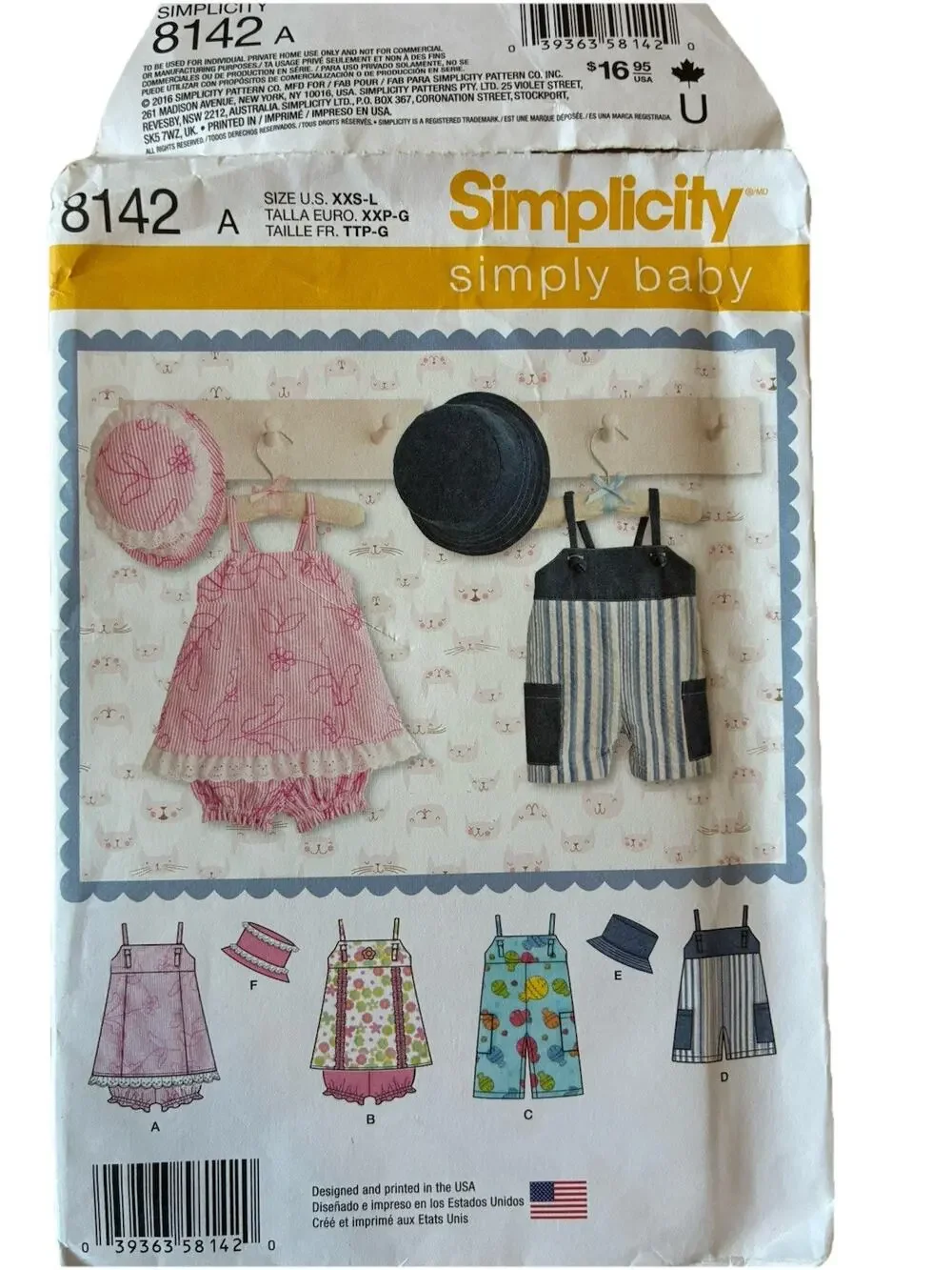 VTG Simplicity Sewing Pattern 8142 Baby Boy or Girl Rompers~Jumper~Panties~Hat
